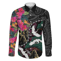 Hawaiian and Japanese Culture Family Matching Off Shoulder Short Dress and Hawaiian Shirt Crane Sakura Hibiscus Tropical Vibes