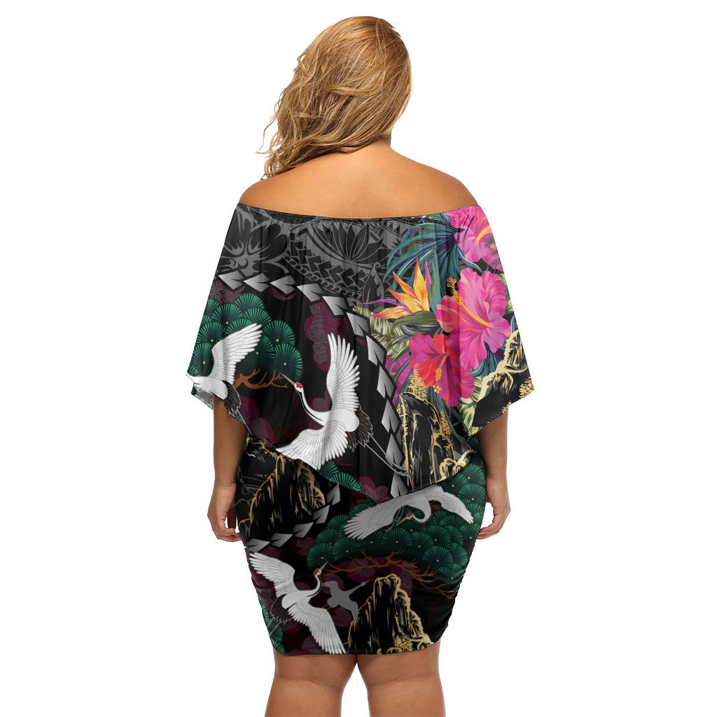 Hawaiian and Japanese Culture Family Matching Off Shoulder Short Dress and Hawaiian Shirt Crane Sakura Hibiscus Tropical Vibes
