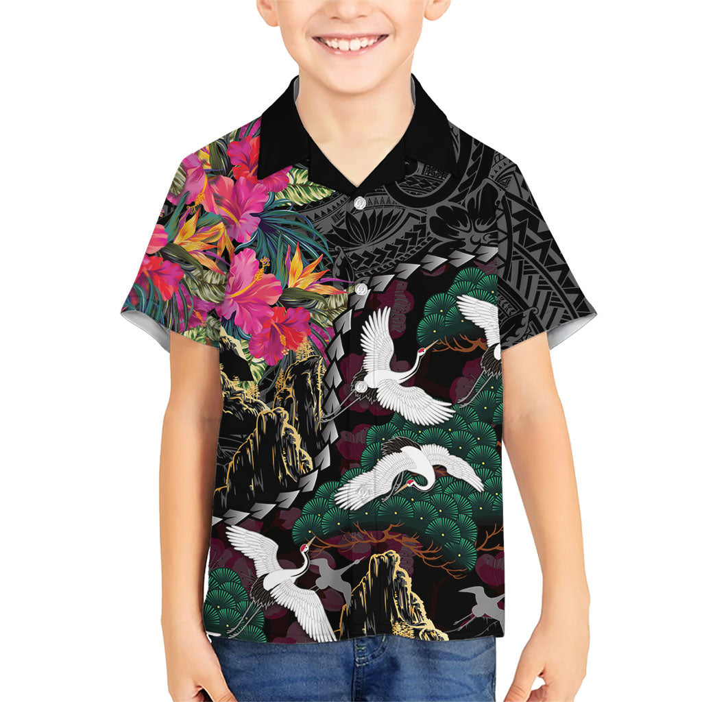 Hawaiian and Japanese Culture Family Matching Off Shoulder Short Dress and Hawaiian Shirt Crane Sakura Hibiscus Tropical Vibes