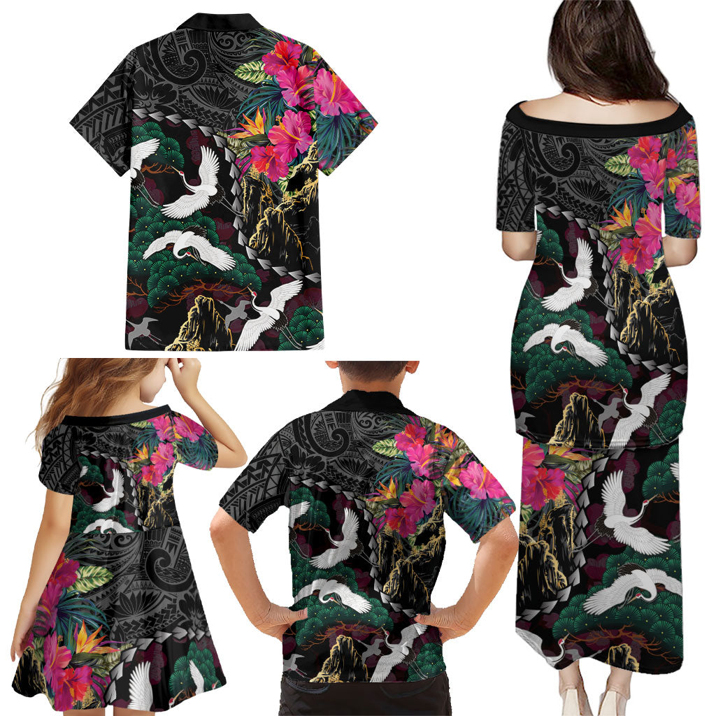 Hawaiian and Japanese Culture Family Matching Puletasi and Hawaiian Shirt Crane Sakura Hibiscus Tropical Vibes