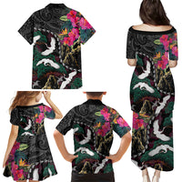 Hawaiian and Japanese Culture Family Matching Puletasi and Hawaiian Shirt Crane Sakura Hibiscus Tropical Vibes