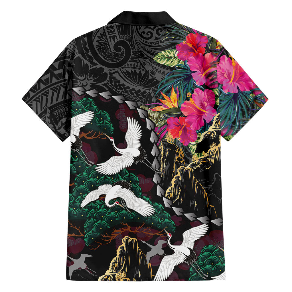 Hawaiian and Japanese Culture Family Matching Puletasi and Hawaiian Shirt Crane Sakura Hibiscus Tropical Vibes