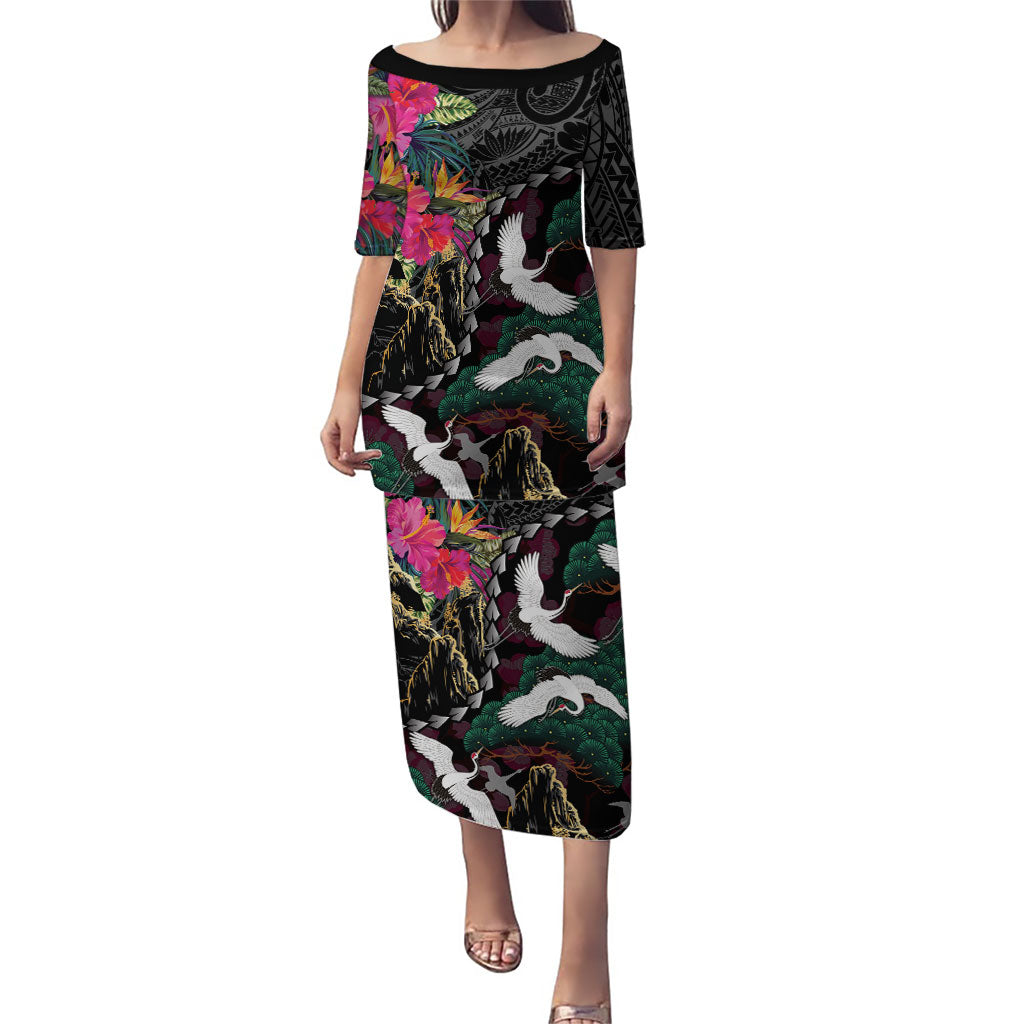 Hawaiian and Japanese Culture Family Matching Puletasi and Hawaiian Shirt Crane Sakura Hibiscus Tropical Vibes