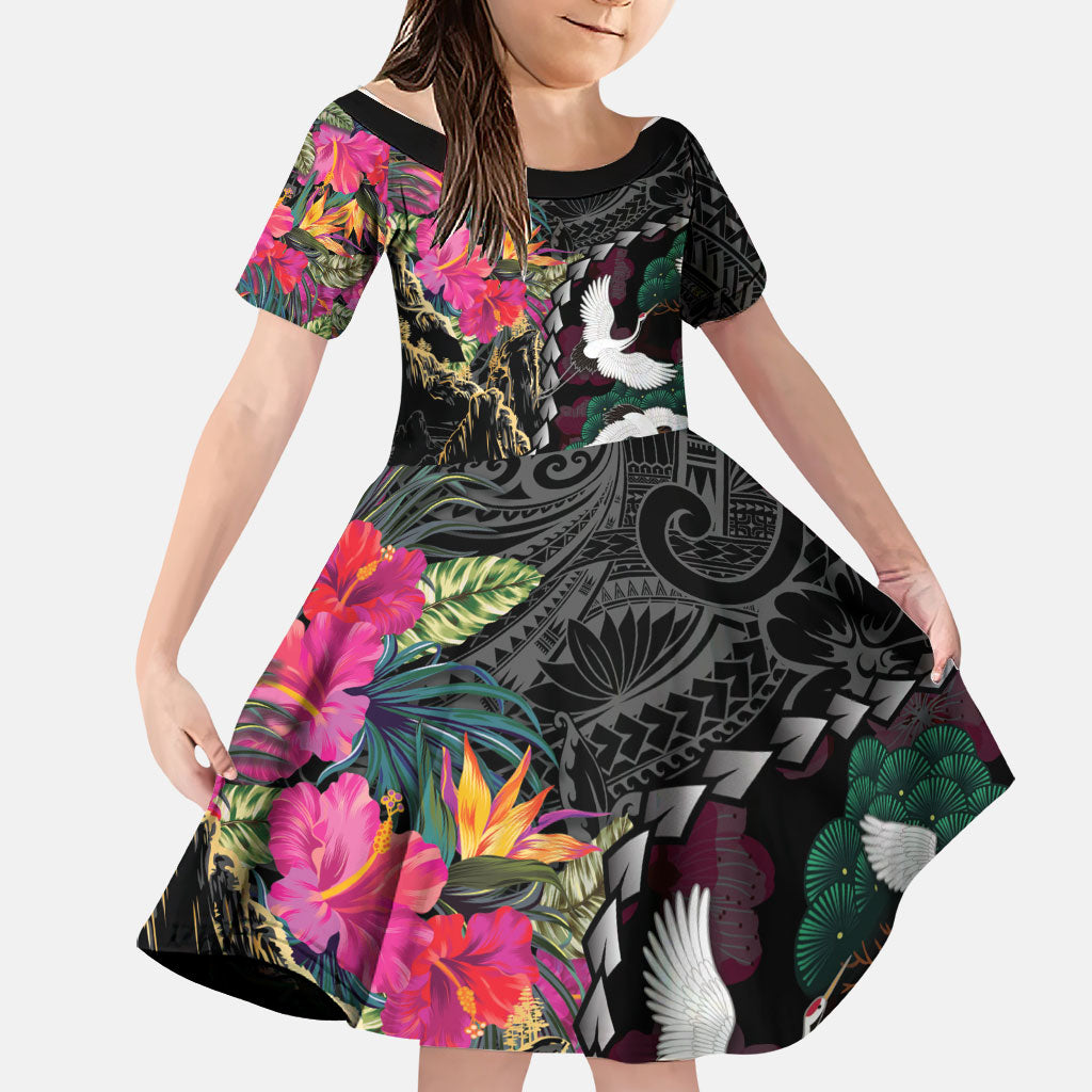 Hawaiian and Japanese Culture Family Matching Short Sleeve Bodycon Dress and Hawaiian Shirt Crane Sakura Hibiscus Tropical Vibes