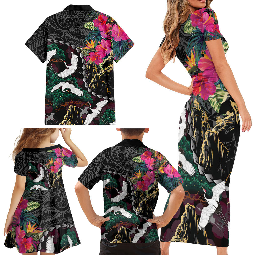 Hawaiian and Japanese Culture Family Matching Short Sleeve Bodycon Dress and Hawaiian Shirt Crane Sakura Hibiscus Tropical Vibes