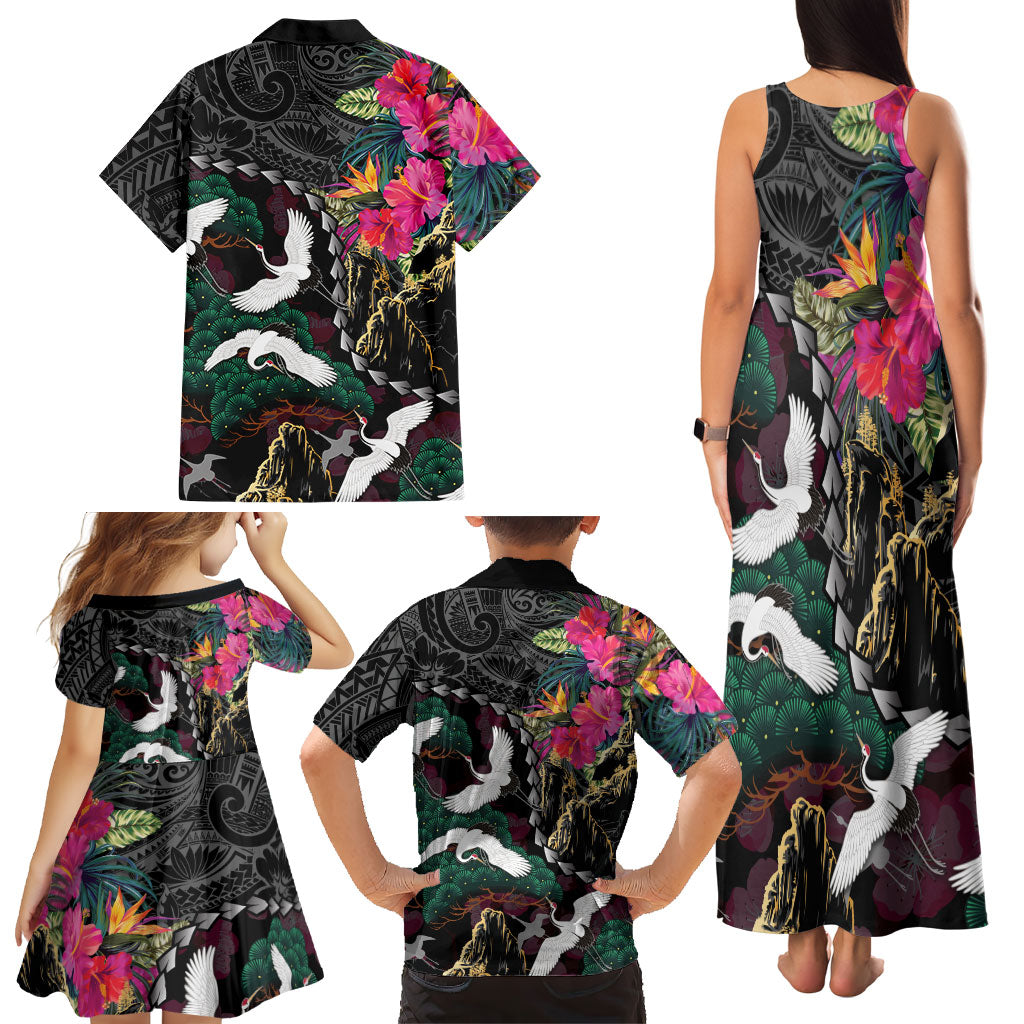 Hawaiian and Japanese Culture Family Matching Tank Maxi Dress and Hawaiian Shirt Crane Sakura Hibiscus Tropical Vibes