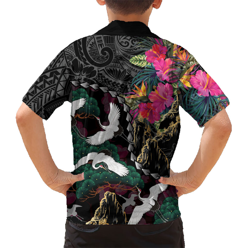 Hawaiian and Japanese Culture Hawaiian Shirt Crane Sakura Hibiscus Tropical Vibes