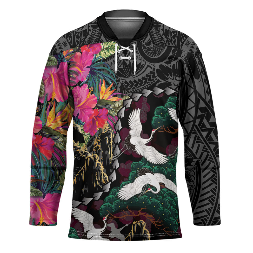 Hawaiian and Japanese Culture Hockey Jersey Crane Sakura Hibiscus Tropical Vibes