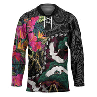 Hawaiian and Japanese Culture Hockey Jersey Crane Sakura Hibiscus Tropical Vibes