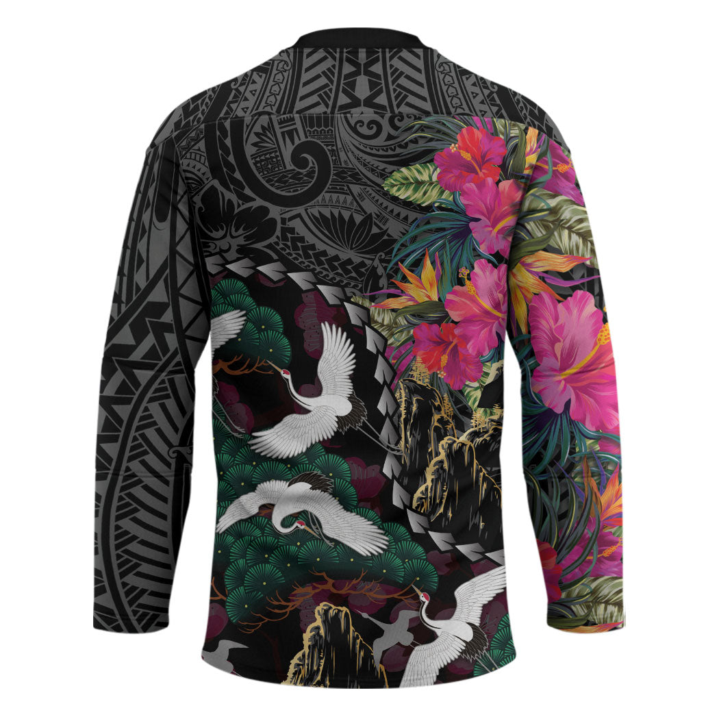 Hawaiian and Japanese Culture Hockey Jersey Crane Sakura Hibiscus Tropical Vibes