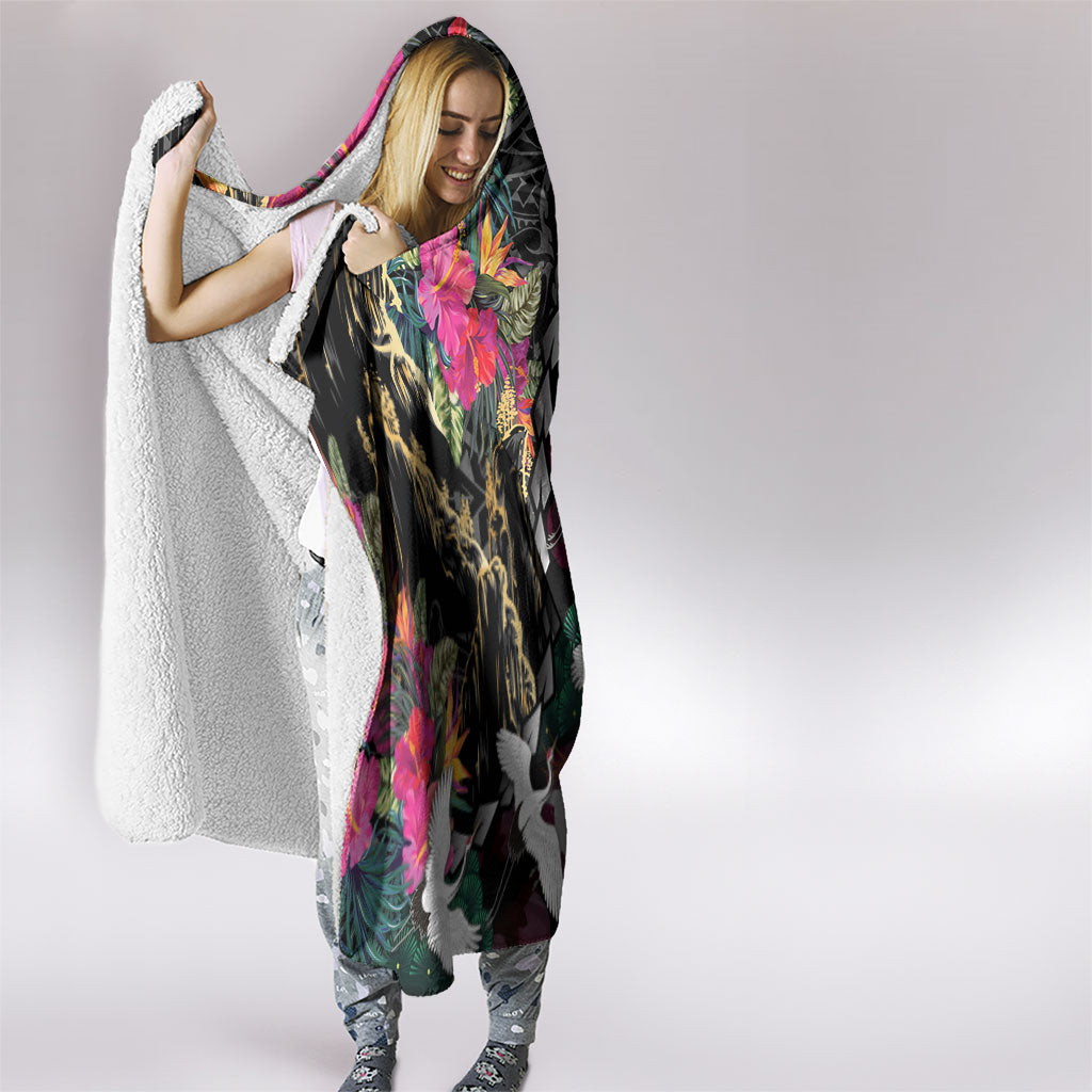Hawaiian and Japanese Culture Hooded Blanket Crane Sakura Hibiscus Tropical Vibes