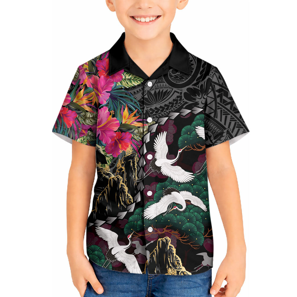 Hawaiian and Japanese Culture Kid Hawaiian Shirt Crane Sakura Hibiscus Tropical Vibes LT14 Kid Black - Polynesian Pride