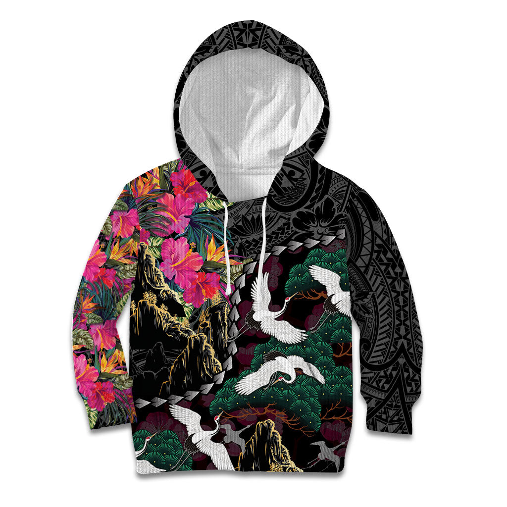 Hawaiian and Japanese Culture Kid Hoodie Crane Sakura Hibiscus Tropical Vibes