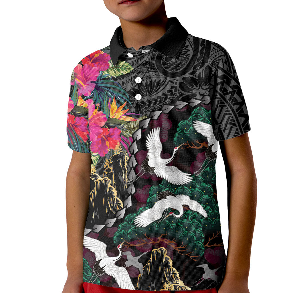 Hawaiian and Japanese Culture Kid Polo Shirt Crane Sakura Hibiscus Tropical Vibes