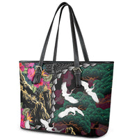 Hawaiian and Japanese Culture Leather Tote Bag Crane Sakura Hibiscus Tropical Vibes