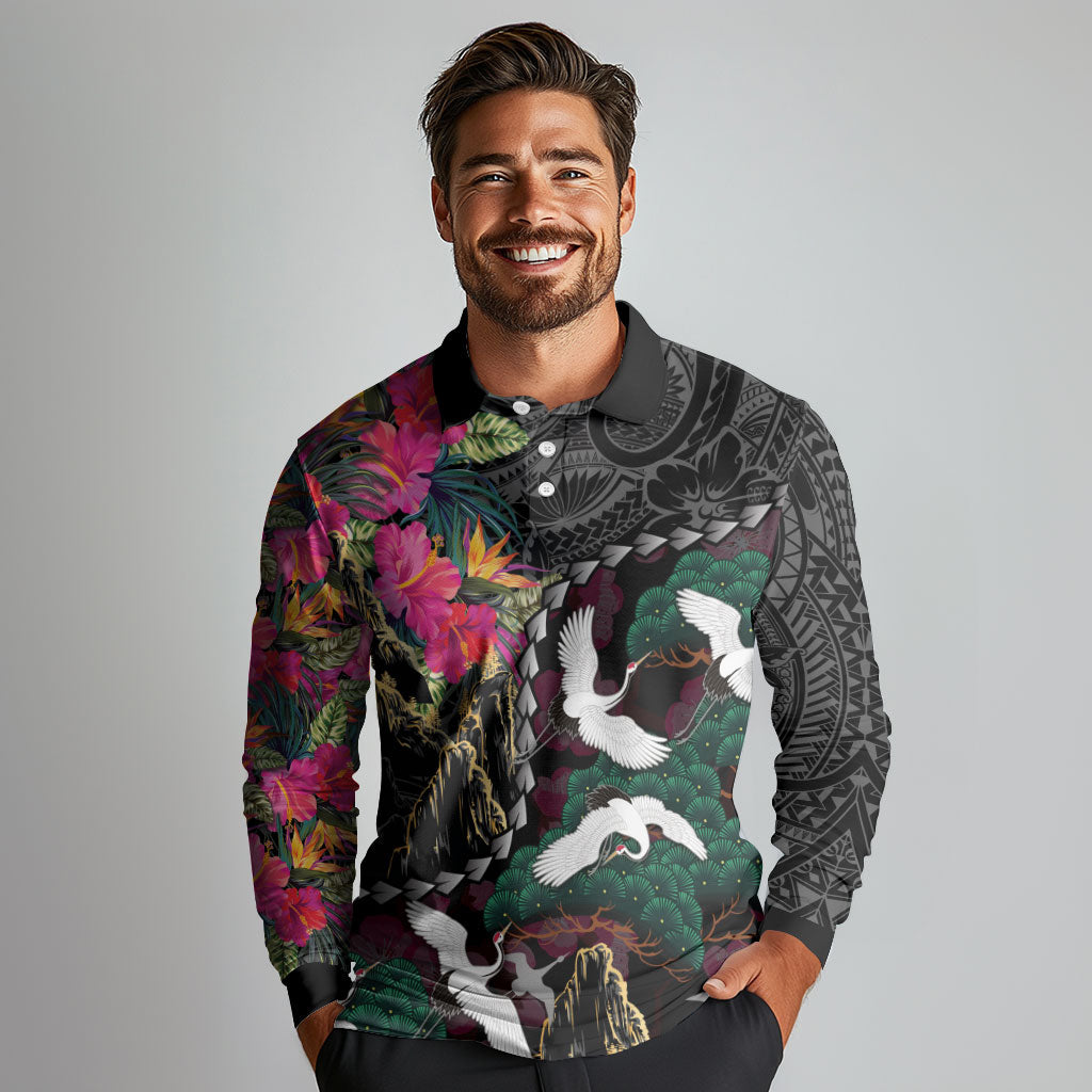 Hawaiian and Japanese Culture Long Sleeve Polo Shirt Crane Sakura Hibiscus Tropical Vibes