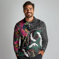 Hawaiian and Japanese Culture Long Sleeve Polo Shirt Crane Sakura Hibiscus Tropical Vibes