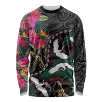 Hawaiian and Japanese Culture Long Sleeve Shirt Crane Sakura Hibiscus Tropical Vibes