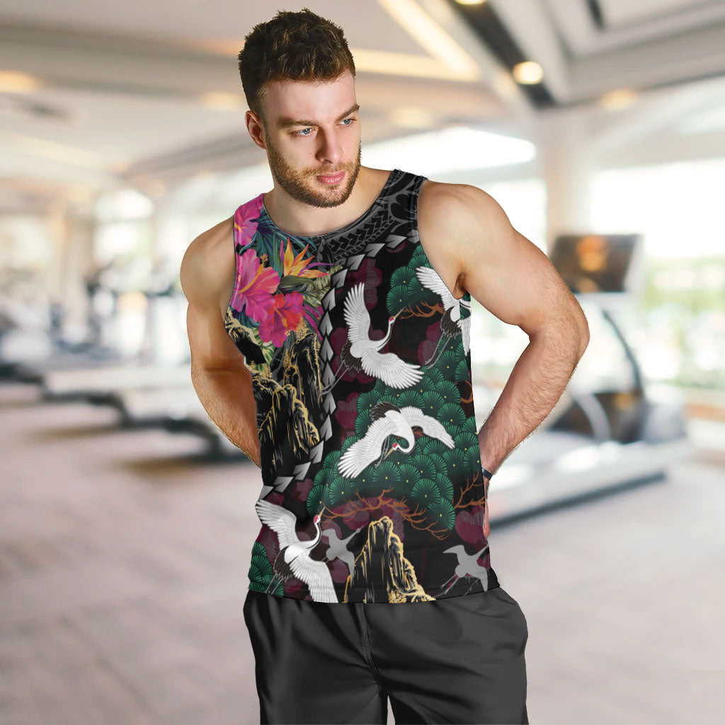 Hawaiian and Japanese Culture Men Tank Top Crane Sakura Hibiscus Tropical Vibes