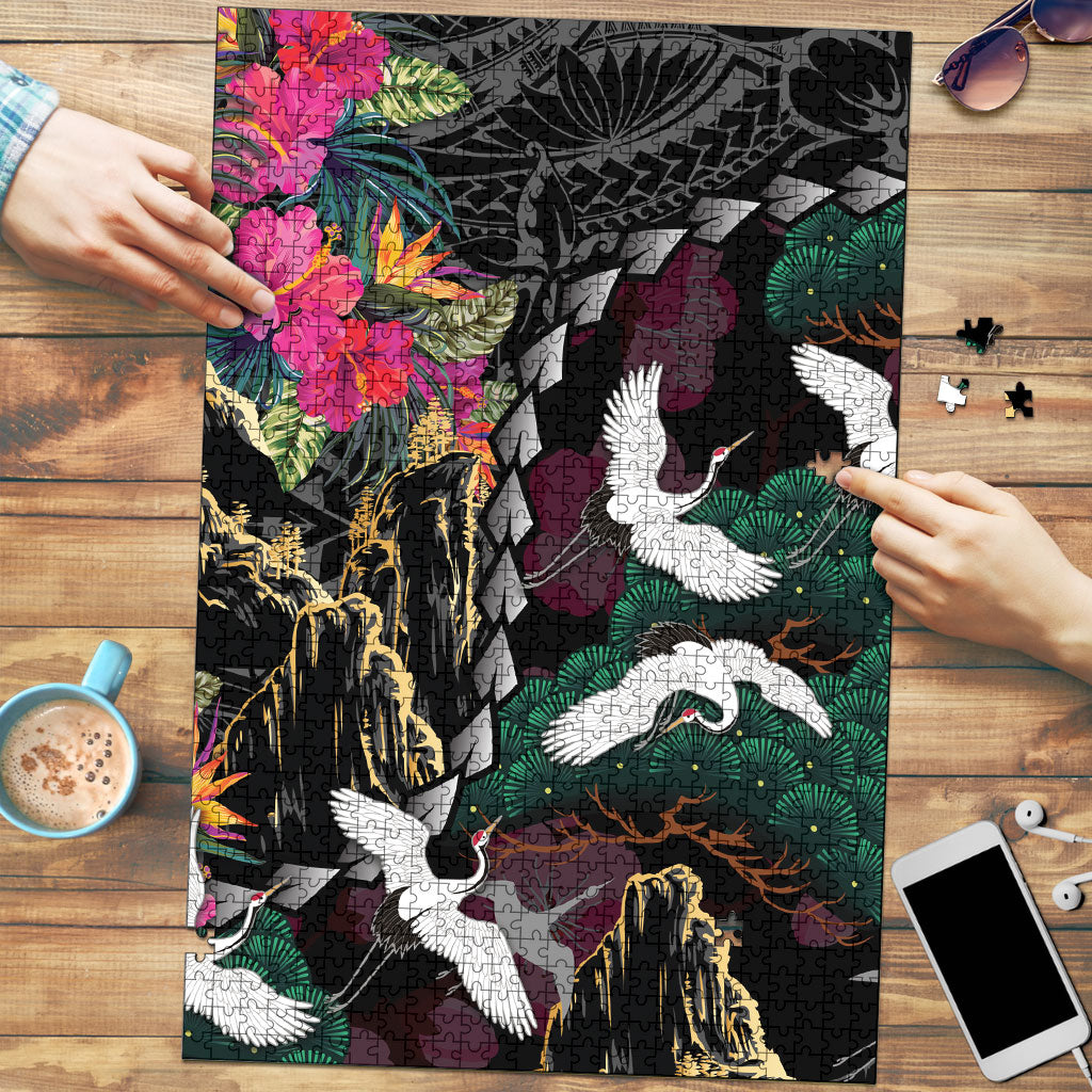 Hawaiian and Japanese Culture Puzzle Crane Sakura Hibiscus Tropical Vibes