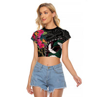 Hawaiian and Japanese Culture Raglan Cropped T Shirt Crane Sakura Hibiscus Tropical Vibes