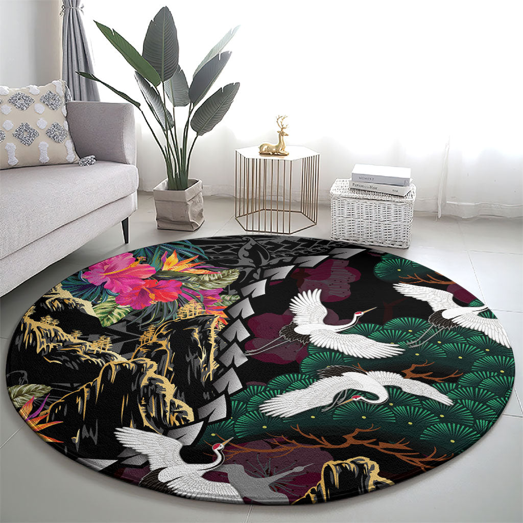 Hawaiian and Japanese Culture Round Carpet Crane Sakura Hibiscus Tropical Vibes