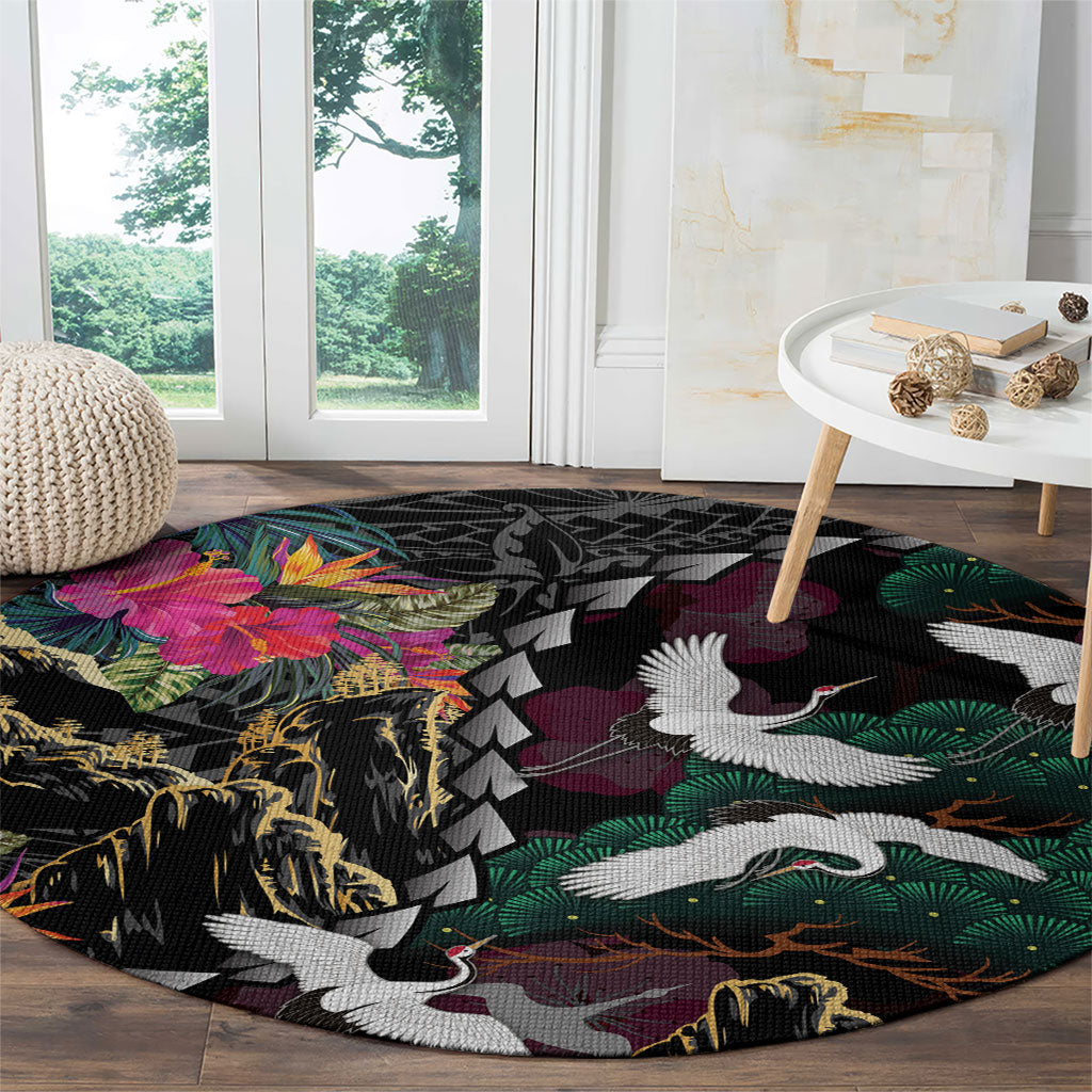 Hawaiian and Japanese Culture Round Carpet Crane Sakura Hibiscus Tropical Vibes