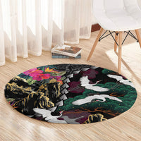 Hawaiian and Japanese Culture Round Carpet Crane Sakura Hibiscus Tropical Vibes