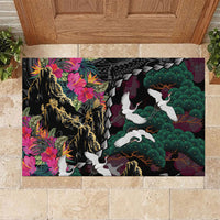 Hawaiian and Japanese Culture Rubber Doormat Crane Sakura Hibiscus Tropical Vibes