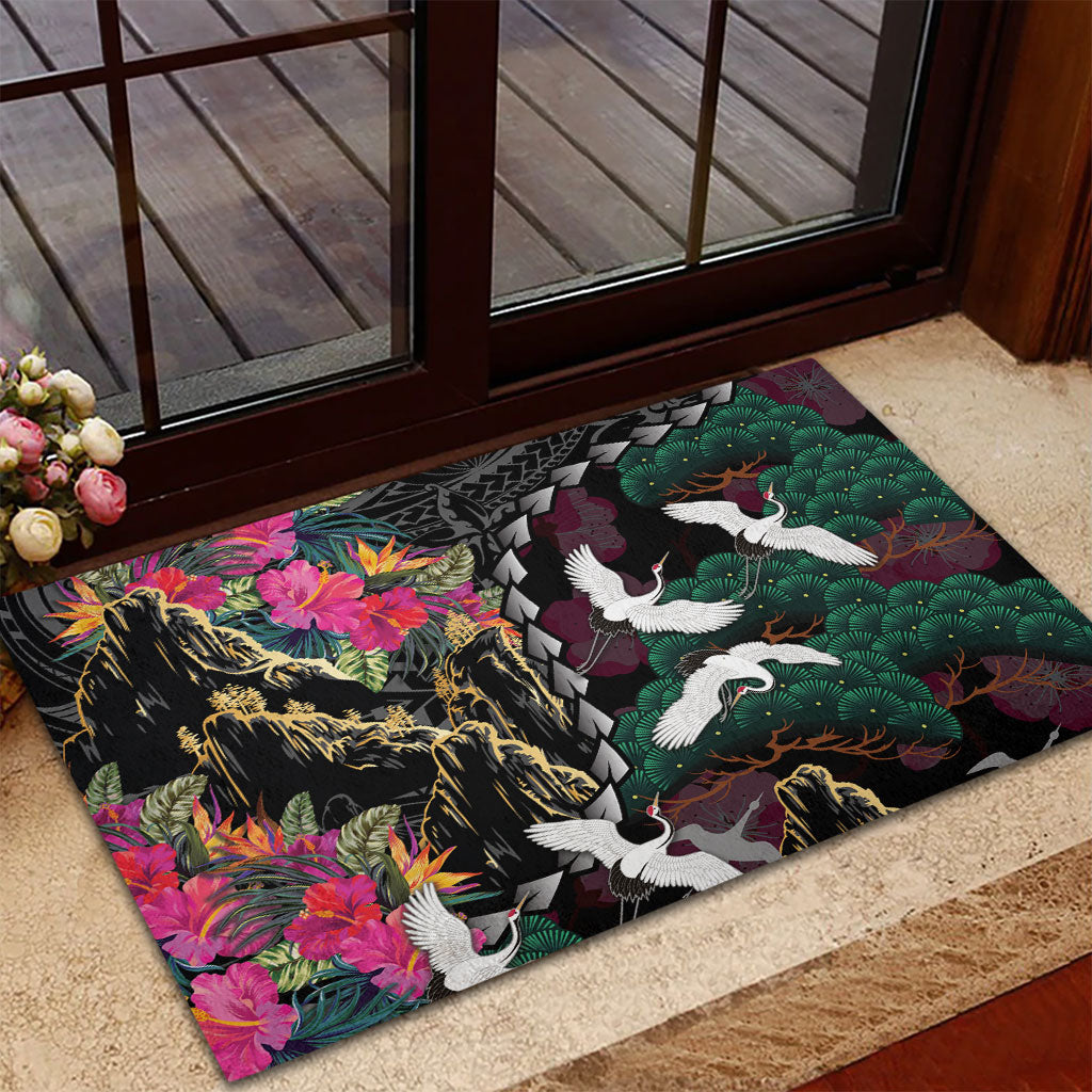 Hawaiian and Japanese Culture Rubber Doormat Crane Sakura Hibiscus Tropical Vibes