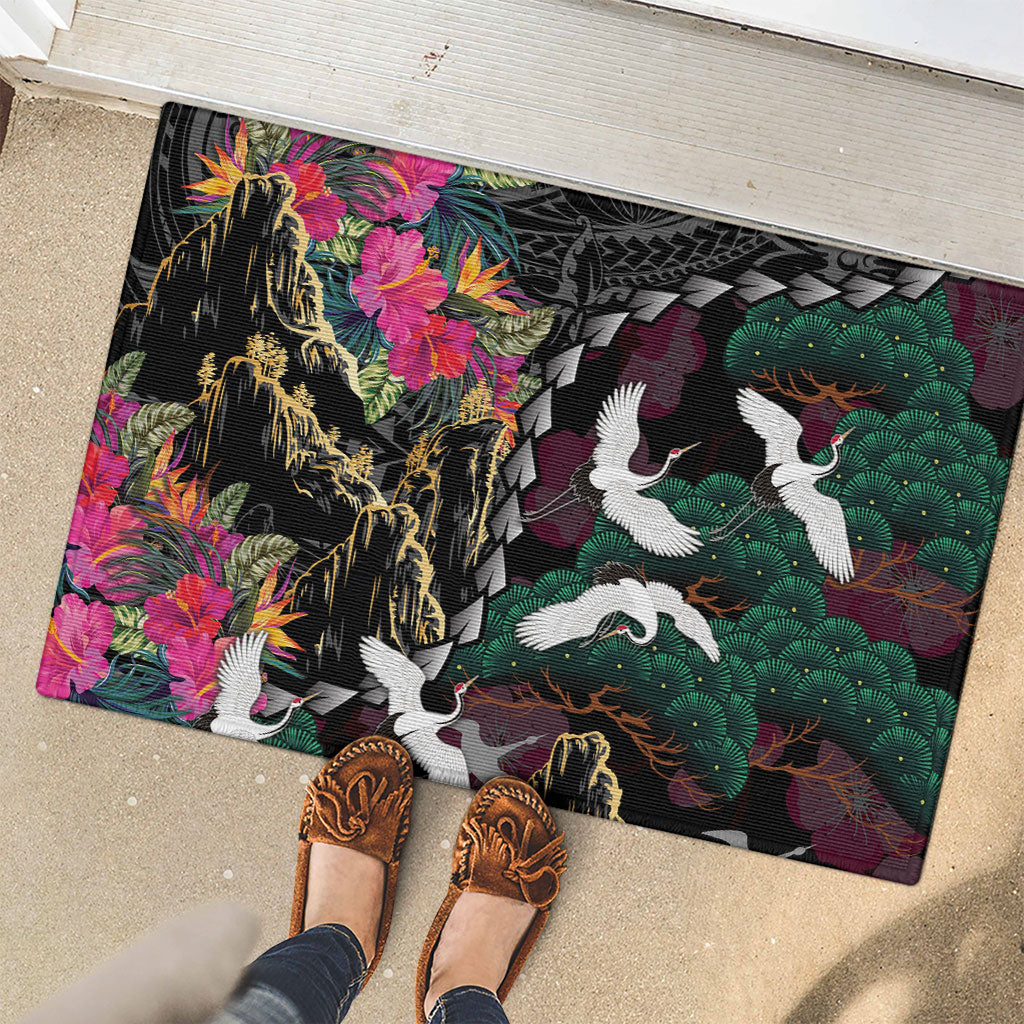 Hawaiian and Japanese Culture Rubber Doormat Crane Sakura Hibiscus Tropical Vibes
