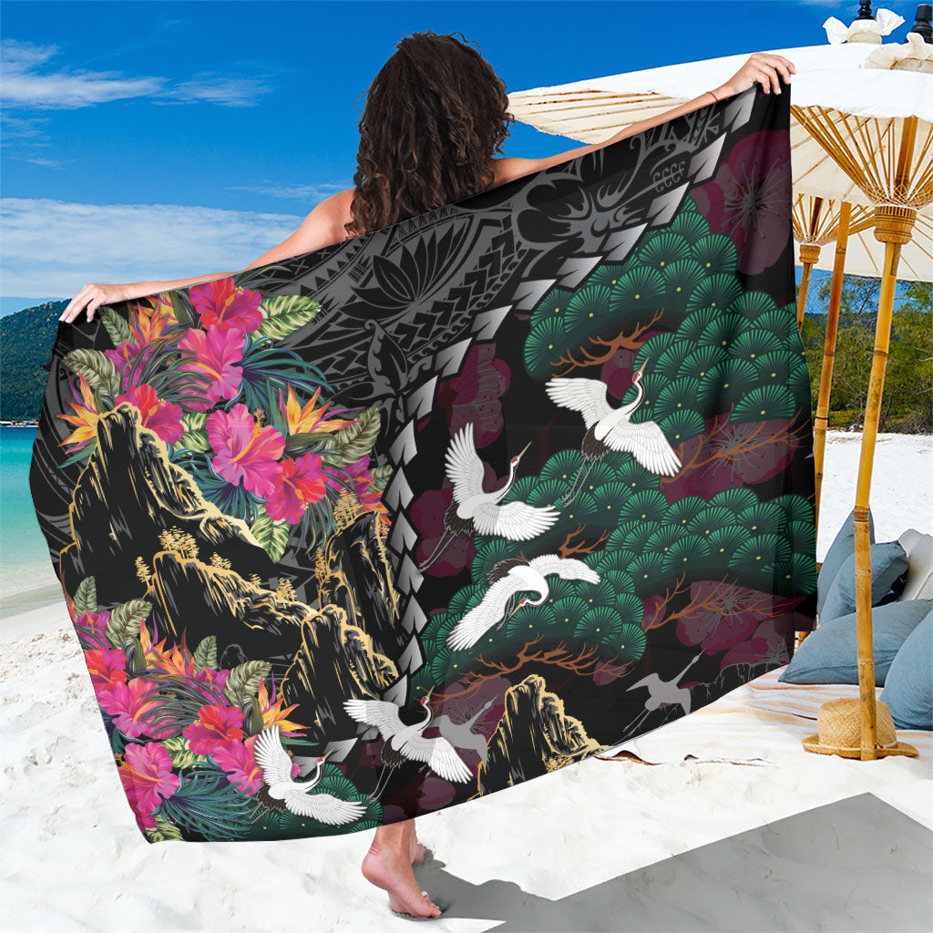 Hawaiian and Japanese Culture Sarong Crane Sakura Hibiscus Tropical Vibes