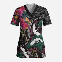 Hawaiian and Japanese Culture Scrub Top Crane Sakura Hibiscus Tropical Vibes