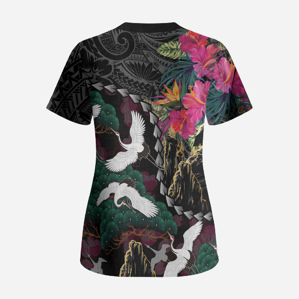 Hawaiian and Japanese Culture Scrub Top Crane Sakura Hibiscus Tropical Vibes