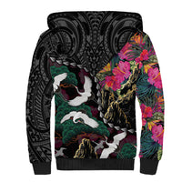 Hawaiian and Japanese Culture Sherpa Hoodie Crane Sakura Hibiscus Tropical Vibes