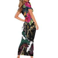 Hawaiian and Japanese Culture Short Sleeve Bodycon Dress Crane Sakura Hibiscus Tropical Vibes
