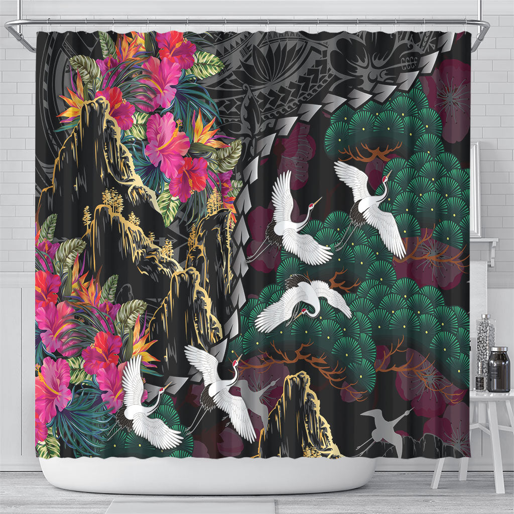 Hawaiian and Japanese Culture Shower Curtain Crane Sakura Hibiscus Tropical Vibes