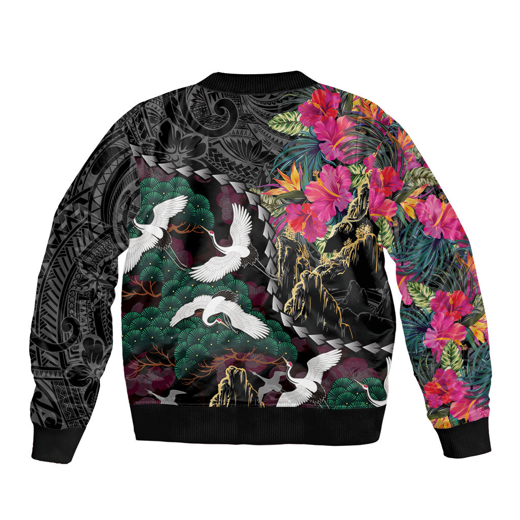 Hawaiian and Japanese Culture Sleeve Zip Bomber Jacket Crane Sakura Hibiscus Tropical Vibes