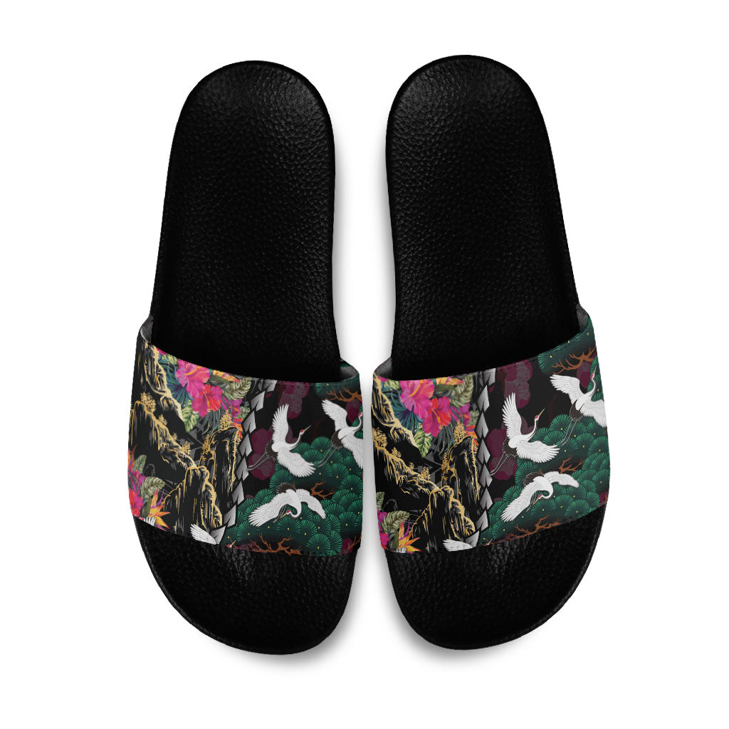 Hawaiian and Japanese Culture Slide Sandals Crane Sakura Hibiscus Tropical Vibes