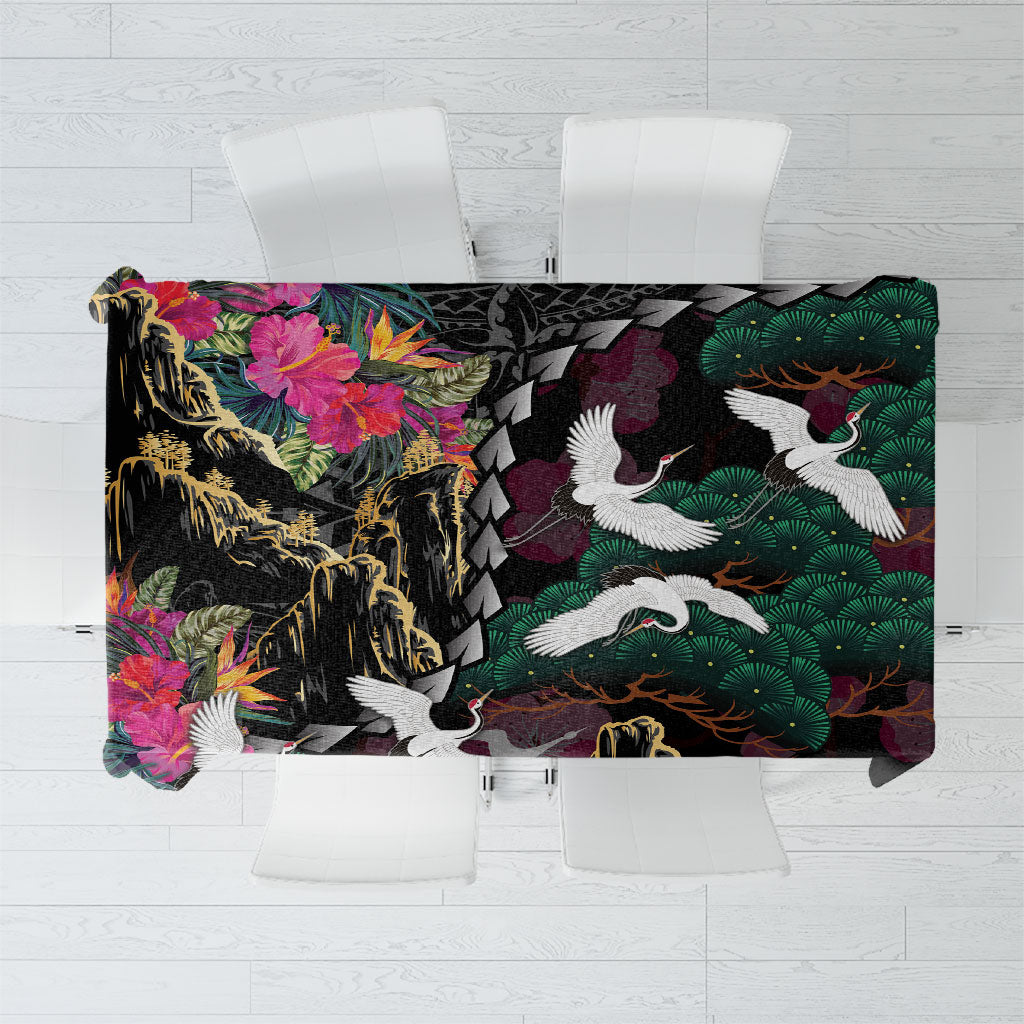 Hawaiian and Japanese Culture Tablecloth Crane Sakura Hibiscus Tropical Vibes