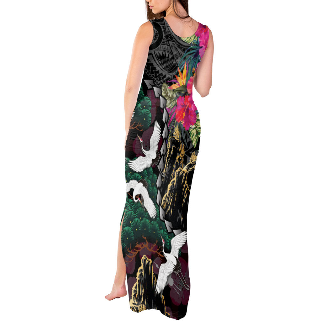 Hawaiian and Japanese Culture Tank Maxi Dress Crane Sakura Hibiscus Tropical Vibes