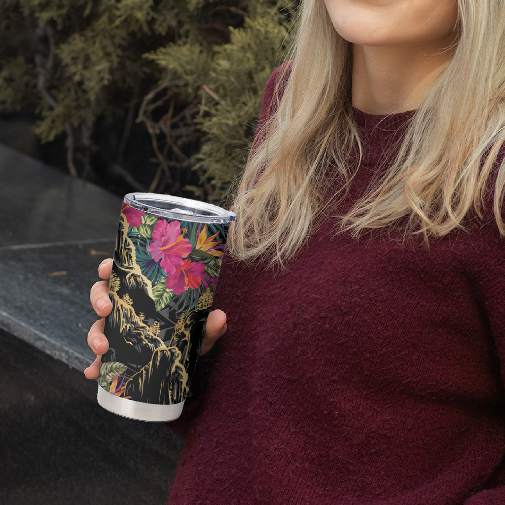 Hawaiian and Japanese Culture Tumbler Cup Crane Sakura Hibiscus Tropical Vibes