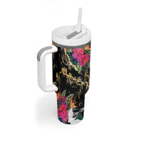 Hawaiian and Japanese Culture Tumbler With Handle Crane Sakura Hibiscus Tropical Vibes