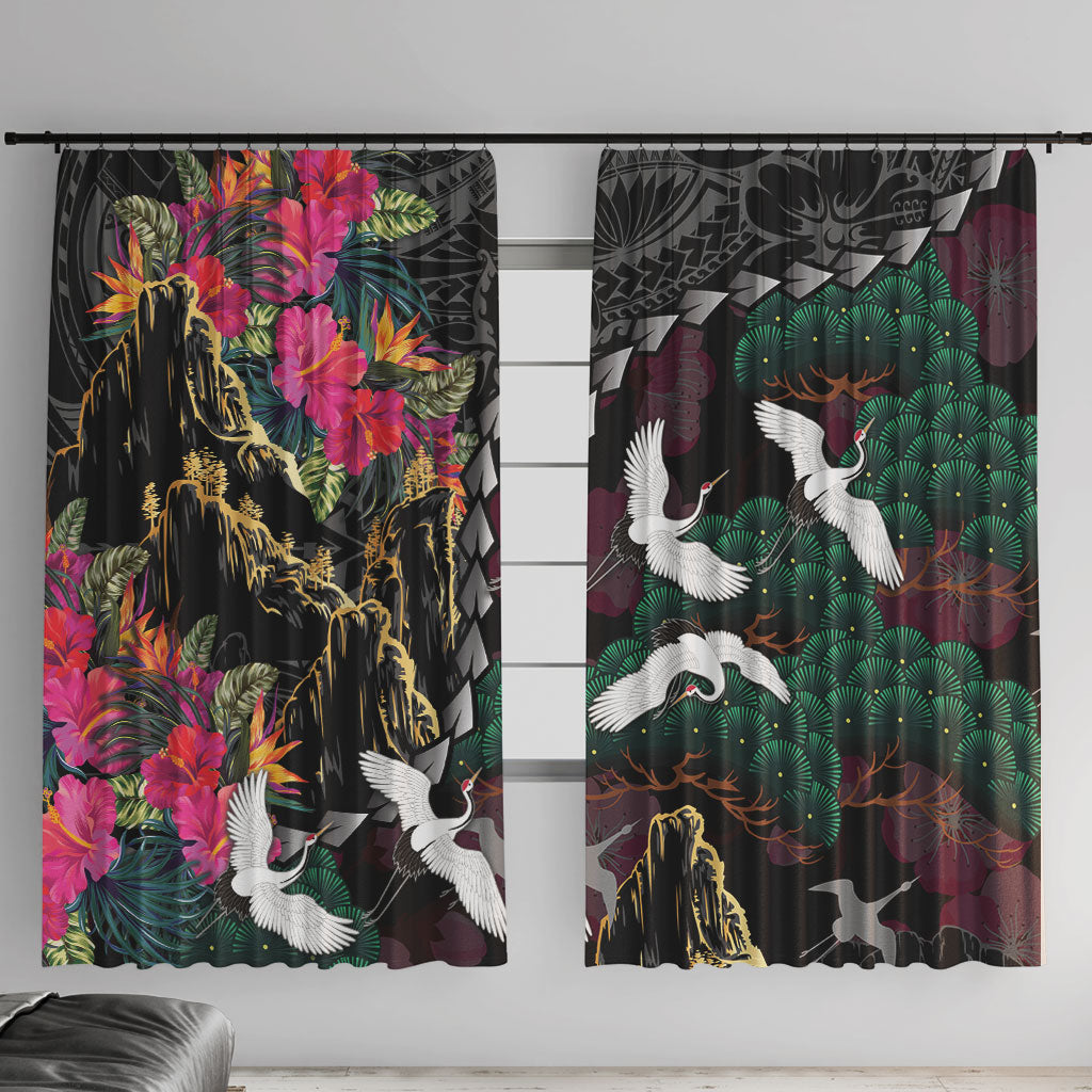 Hawaiian and Japanese Culture Window Curtain Crane Sakura Hibiscus Tropical Vibes