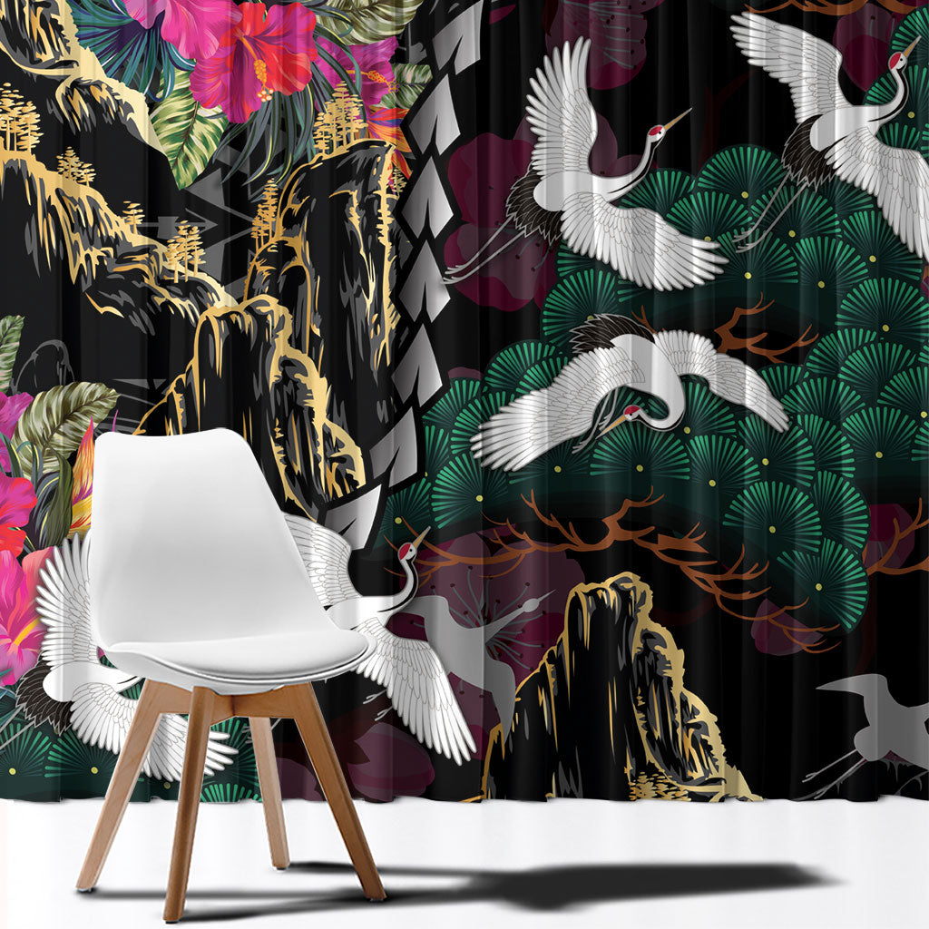 Hawaiian and Japanese Culture Window Curtain Crane Sakura Hibiscus Tropical Vibes