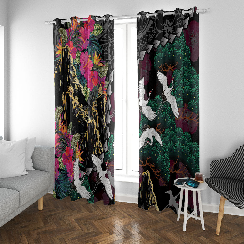 Hawaiian and Japanese Culture Window Curtain Crane Sakura Hibiscus Tropical Vibes