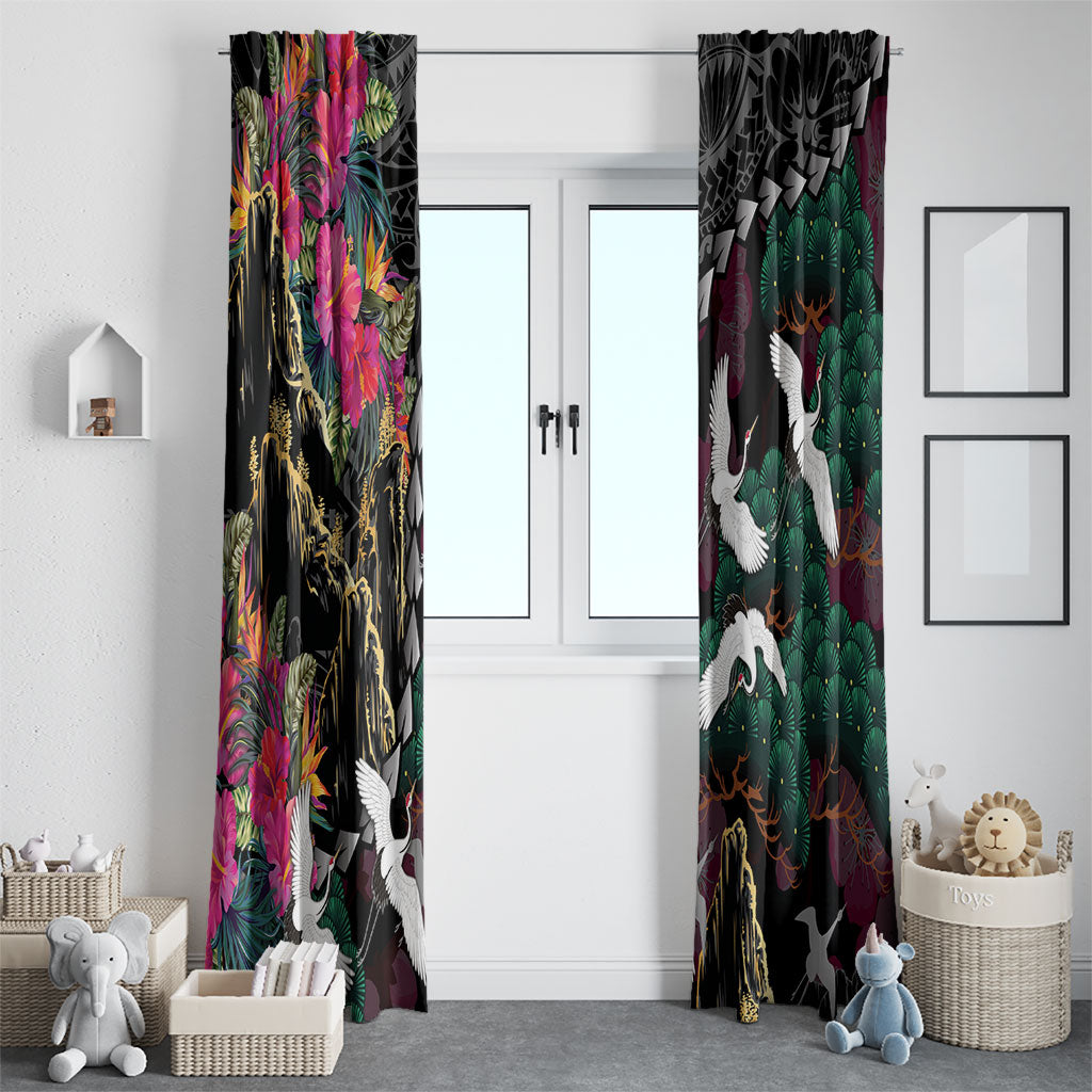 Hawaiian and Japanese Culture Window Curtain Crane Sakura Hibiscus Tropical Vibes
