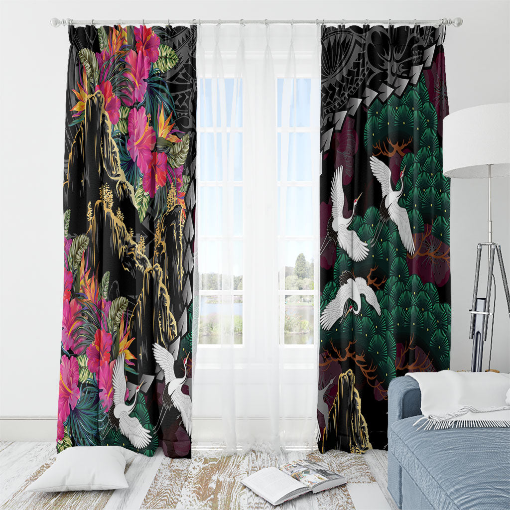 Hawaiian and Japanese Culture Window Curtain Crane Sakura Hibiscus Tropical Vibes