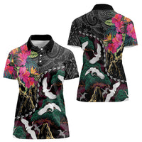 Hawaiian and Japanese Culture Women Polo Shirt Crane Sakura Hibiscus Tropical Vibes