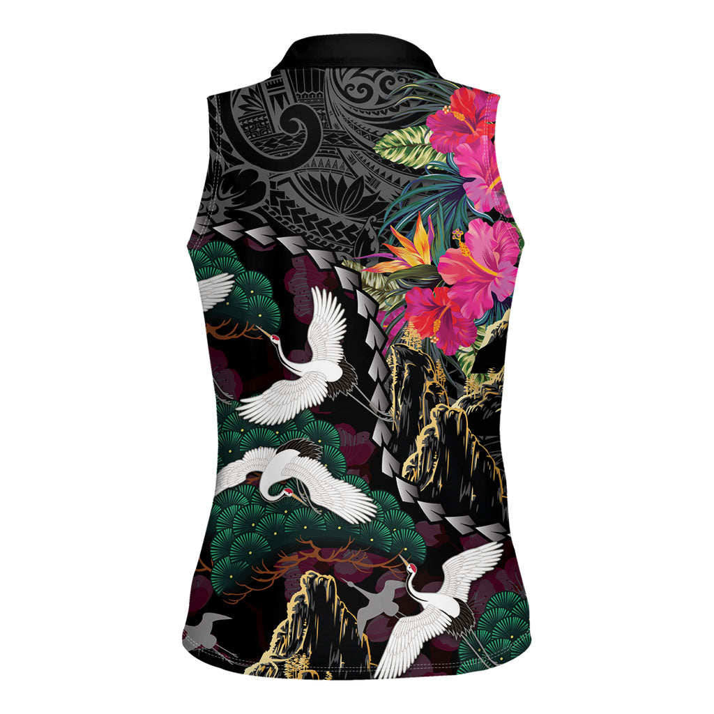 Hawaiian and Japanese Culture Women Sleeveless Polo Shirt Crane Sakura Hibiscus Tropical Vibes